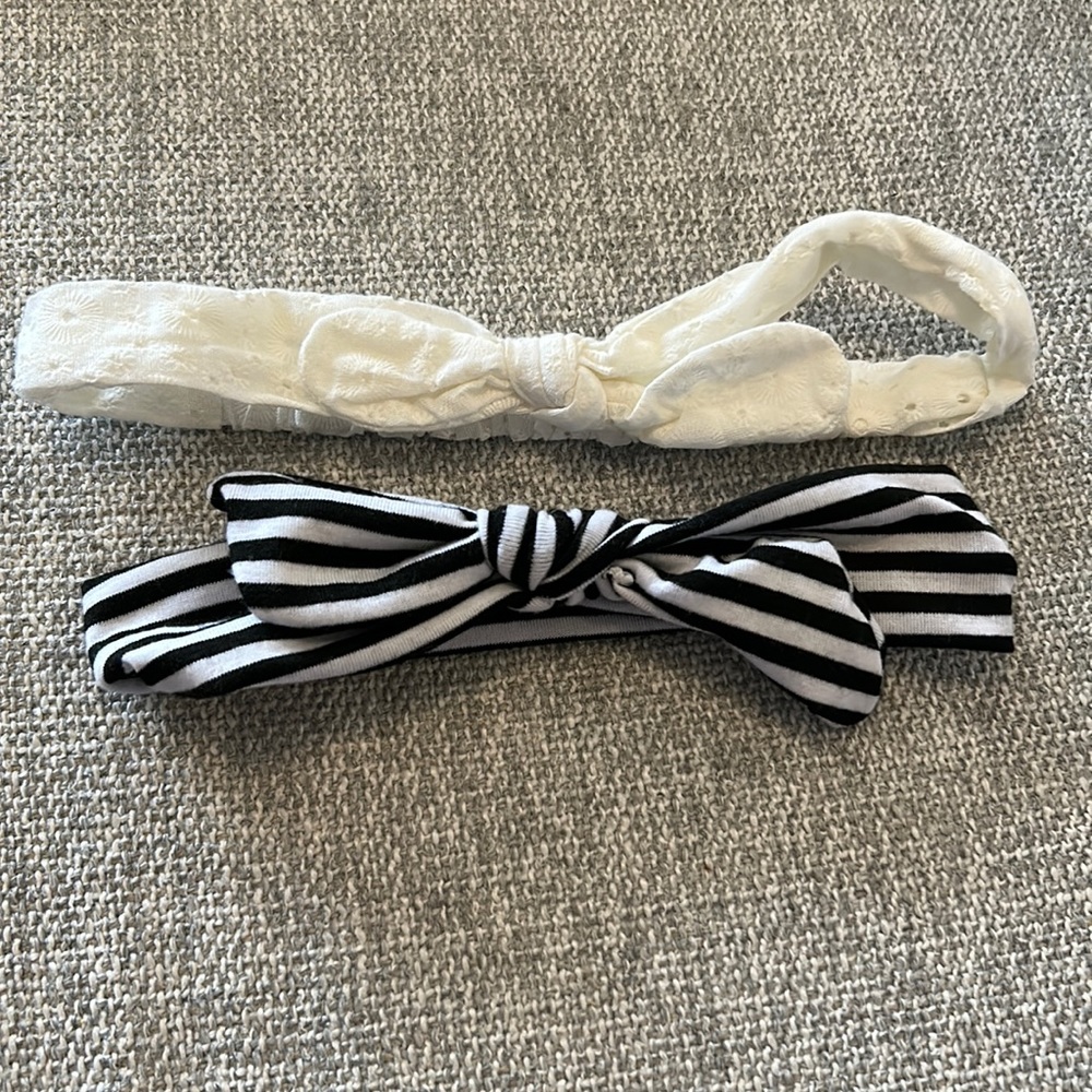 Black/white striped and white lace baby headbands. Set of 2.